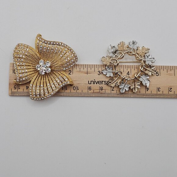 Set of 2 Vtg Brooches Floral Gold Silver Tone Glam Glitz Pins Sparkle Fashion - Picture 12 of 12